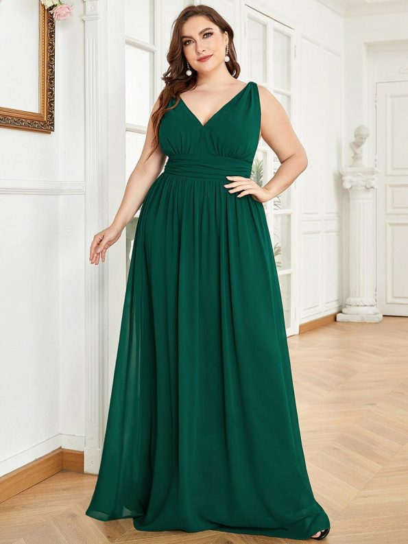 Plus Size Sleeveless V-Neck Chiffon Semi Formal Maxi Dress - Dark Green