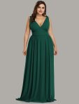 Pleated Sleeveless V-Neck Chiffon Maxi Dress – Dark Green