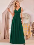 Pleated Sleeveless V-Neck Chiffon Maxi Dress – Dark Green