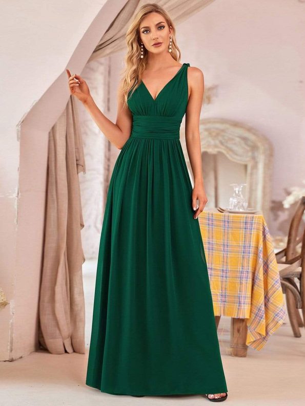 Pleated Sleeveless V-Neck Chiffon Maxi Dress - Dark Green