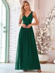 Pleated Sleeveless V-Neck Chiffon Maxi Dress – Dark Green