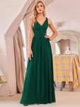 Pleated Sleeveless V-Neck Chiffon Maxi Dress – Dark Green