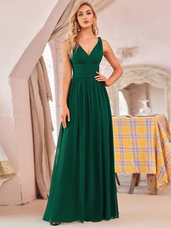 Pleated Sleeveless V-Neck Chiffon Maxi Dress - Dark Green