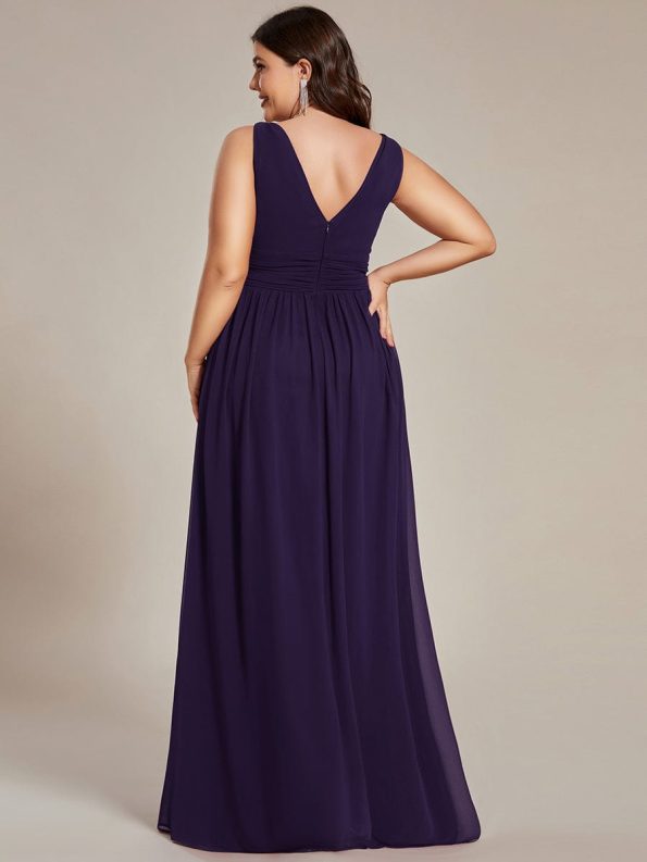 Sleeveless V-Neck Plain Chiffon Maxi Bridesmaid Dress - Dark Purple