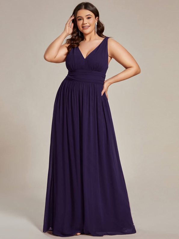 Sleeveless V-Neck Plain Chiffon Maxi Bridesmaid Dress - Dark Purple