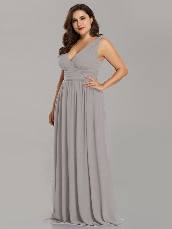 Plus Size Sleeveless V-Neck Chiffon Semi Formal Maxi Dress - Grey