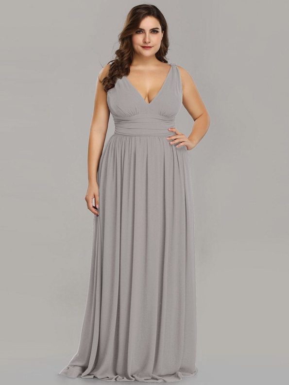 Plus Size Sleeveless V-Neck Chiffon Semi Formal Maxi Dress - Grey