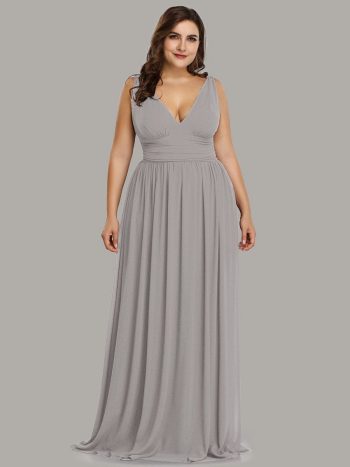 Plus Size Sleeveless V-Neck Chiffon Semi Formal Maxi Dress - Grey