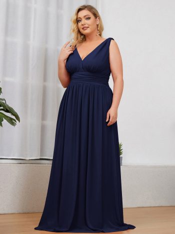 Plus Size Sleeveless V-Neck Chiffon Semi Formal Maxi Dress - Navy Blue