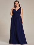 Sleeveless V-Neck Plain Chiffon Maxi Bridesmaid Dress – Navy Blue