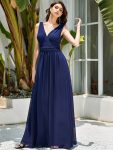 Sleeveless V-Neck Plain Chiffon Maxi Bridesmaid Dress – Navy Blue