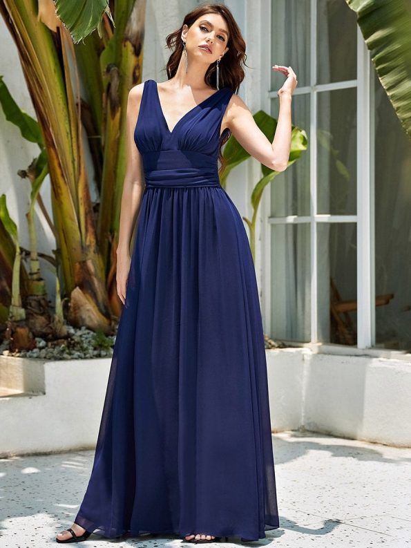 Sleeveless V-Neck Plain Chiffon Maxi Bridesmaid Dress - Navy Blue