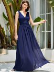 Sleeveless V-Neck Plain Chiffon Maxi Bridesmaid Dress – Navy Blue