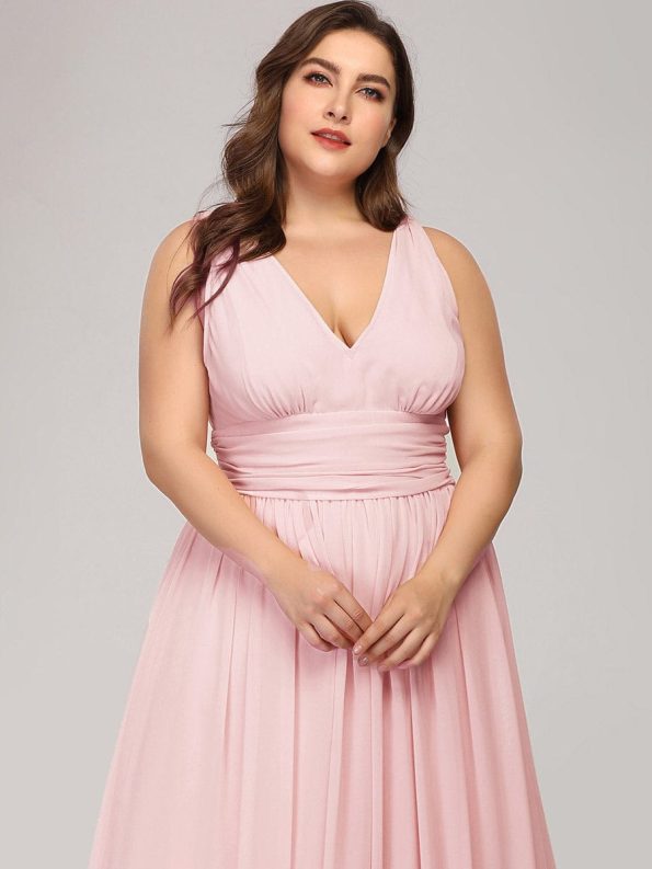 Plus Size Sleeveless V-Neck Chiffon Semi Formal Maxi Dress - Pink