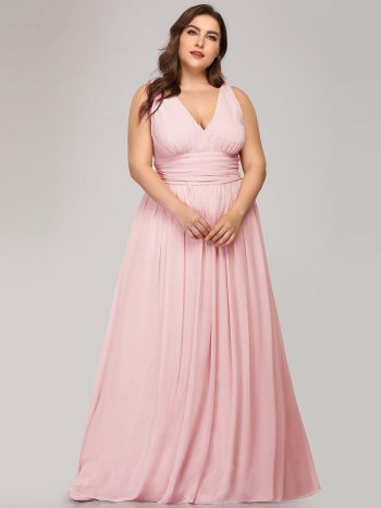 Plus Size Sleeveless V-Neck Chiffon Semi Formal Maxi Dress - Pink