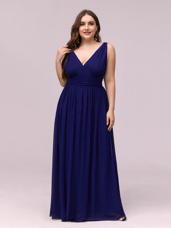 Plus Size Sleeveless V-Neck Chiffon Semi Formal Maxi Dress - Royal Blue