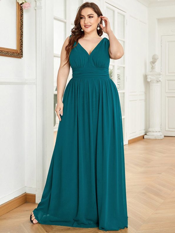 Plus Size Sleeveless V-Neck Chiffon Semi Formal Maxi Dress - Teal