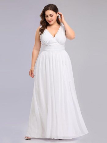 Plus Size Sleeveless V-Neck Chiffon Semi Formal Maxi Dress - White