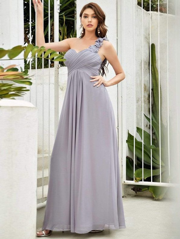 Chiffon One Shoulder Maxi Long Bridesmaid Dresses for Women - Grey