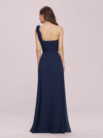 Sweet Pleated Bodice One Shoulder Chiffon Bridesmaid Dress - Navy Blue