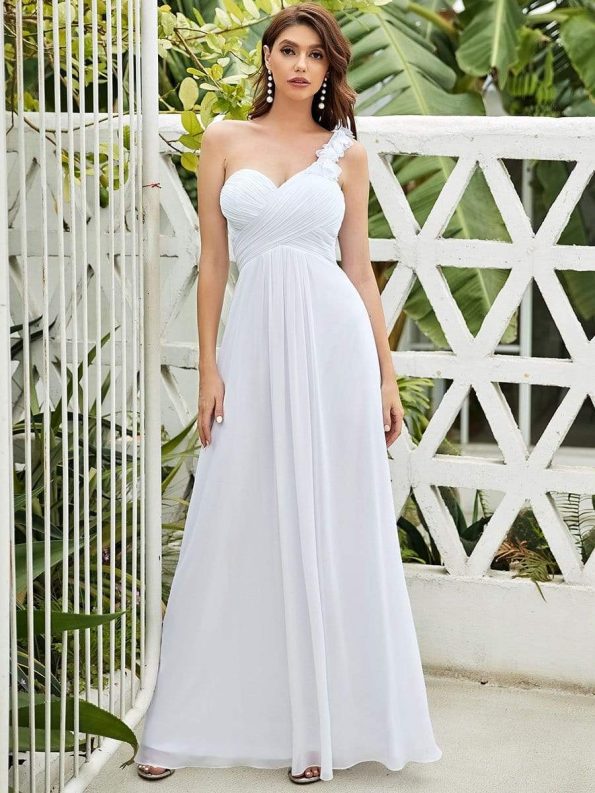 Chiffon One Shoulder Maxi Long Bridesmaid Dresses for Women - White