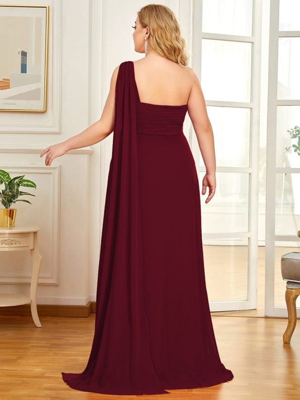 Pleated One Shoulder Long Chiffon Formal Evening Dress - Burgundy