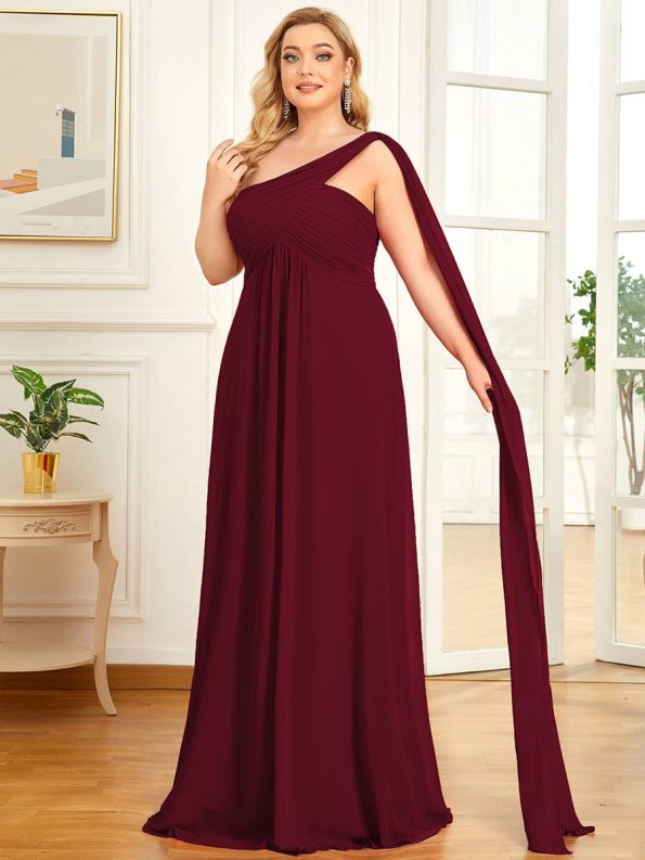 Pleated One Shoulder Long Chiffon Formal Evening Dress - Burgundy