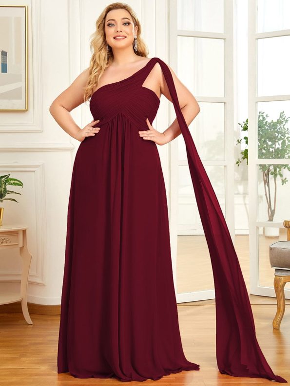 Pleated One Shoulder Long Chiffon Formal Evening Dress - Burgundy