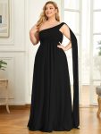 Pleated One Shoulder Long Chiffon Formal Evening Dress – Black