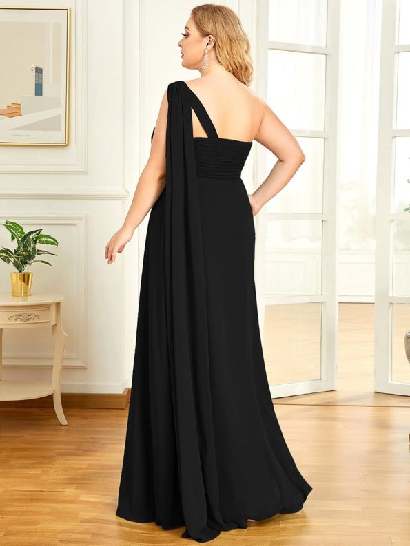 Pleated One Shoulder Long Chiffon Formal Evening Dress - Black