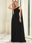 Pleated One Shoulder Long Chiffon Formal Evening Dress – Black