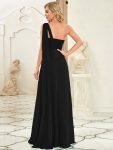 Pleated One Shoulder Long Chiffon Formal Evening Dress – Black