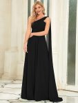 Pleated One Shoulder Long Chiffon Formal Evening Dress – Black