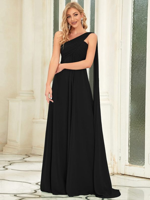 Pleated One Shoulder Long Chiffon Formal Evening Dress - Black