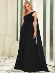 Pleated One Shoulder Long Chiffon Formal Evening Dress – Black