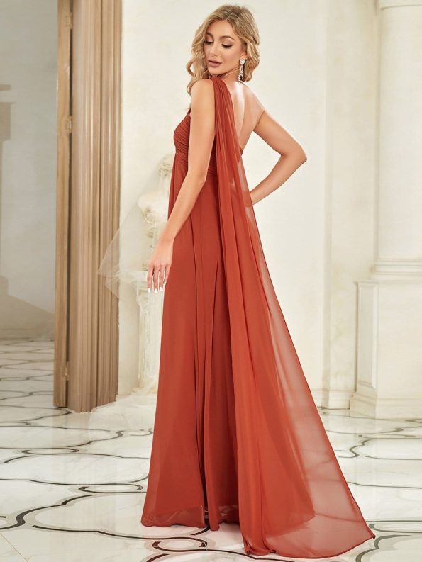 Pleated Chiffon One Shoulder Long Evening Dress - Burnt Orange