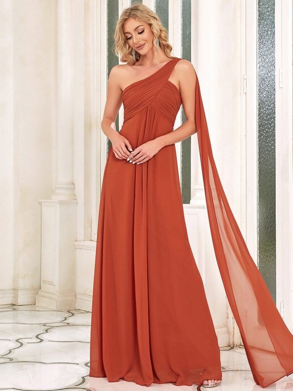 Pleated Chiffon One Shoulder Long Evening Dress - Burnt Orange