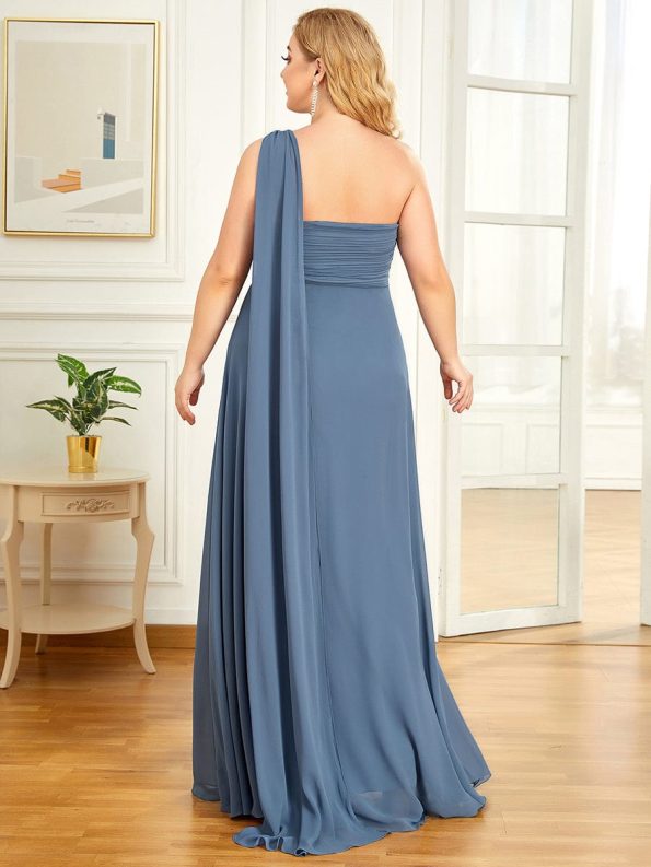 Pleated Chiffon One Shoulder Long Evening Dress - Dusty Navy