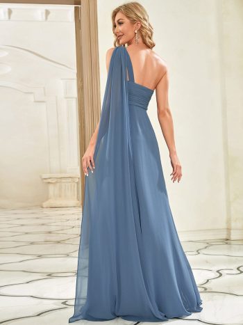 Pleated One Shoulder Long Chiffon Formal Evening Dress - Dusty Navy