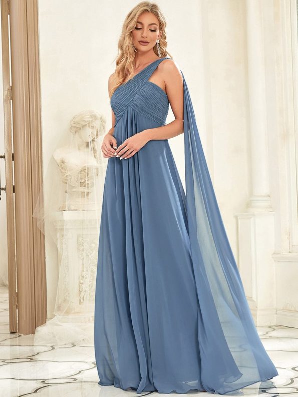 Pleated One Shoulder Long Chiffon Formal Evening Dress - Dusty Navy