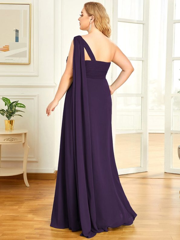 Pleated One Shoulder Long Chiffon Formal Evening Dress - Dark Purple