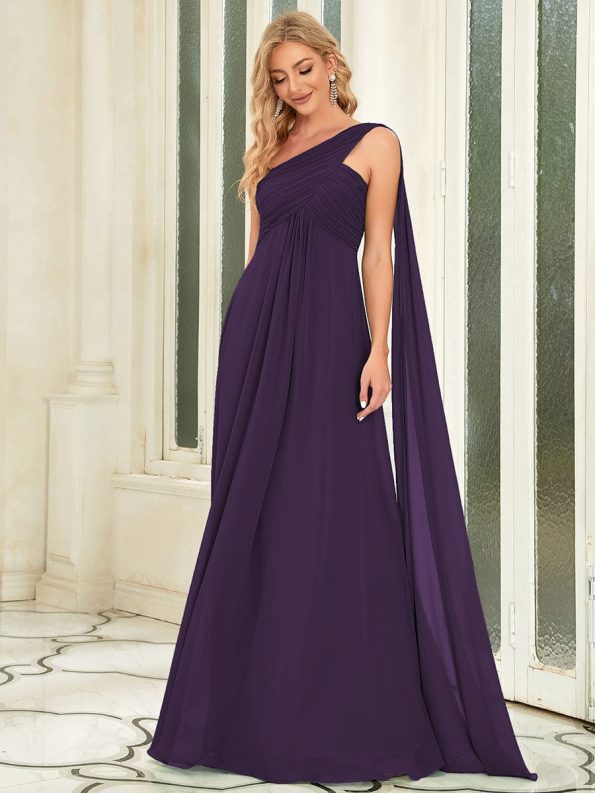 Pleated One Shoulder Long Chiffon Formal Evening Dress - Dark Purple