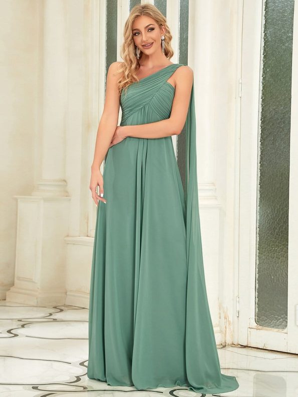 Pleated Chiffon One Shoulder Long Evening Dress - Green Bean