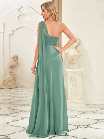 Pleated Chiffon One Shoulder Long Evening Dress - Green Bean