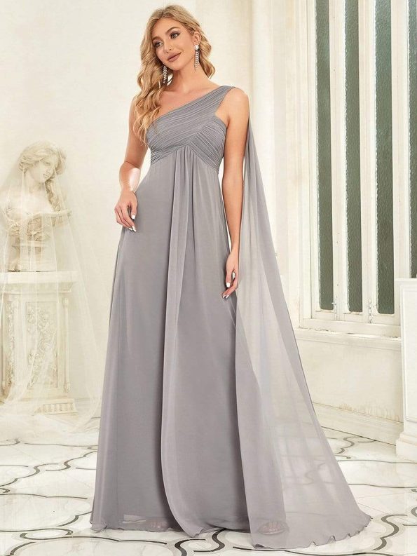 Pleated One Shoulder Long Chiffon Formal Evening Dress - Grey