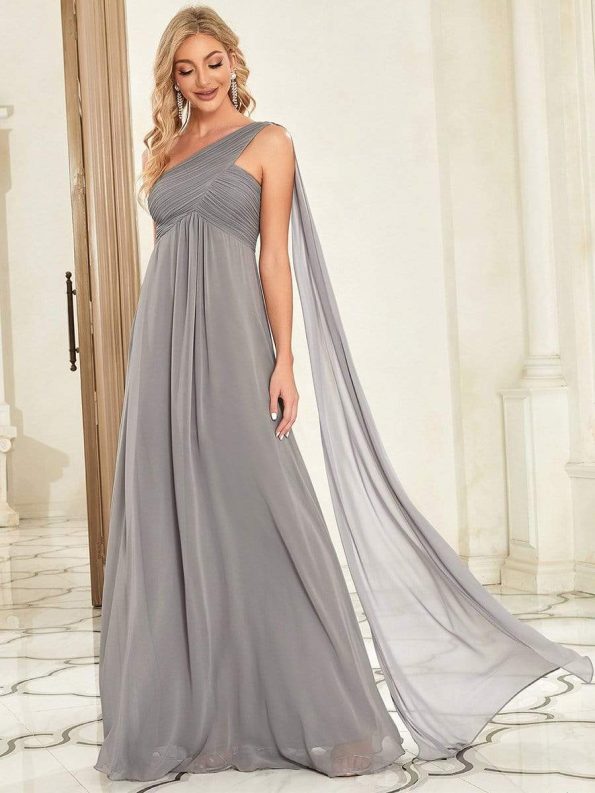 Pleated One Shoulder Long Chiffon Formal Evening Dress - Grey