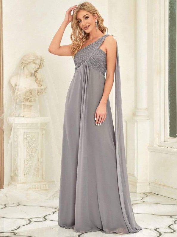 Pleated One Shoulder Long Chiffon Formal Evening Dress - Grey