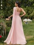 Pleated One Shoulder Long Chiffon Formal Evening Dress – Pink