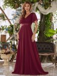 Long Chiffon Empire Waist Bridesmaid Dress with Short Flutter Sleeves – Burgundy