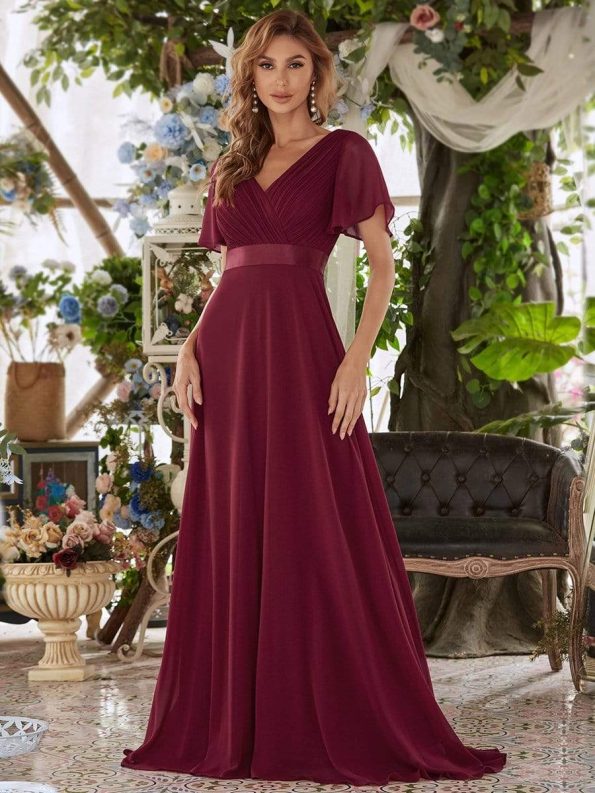 Long Chiffon Empire Waist Bridesmaid Dress with Short Flutter Sleeves - Burgundy